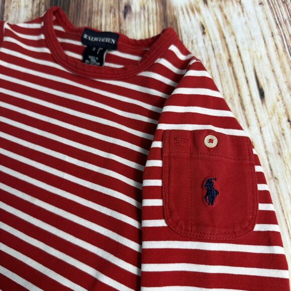 Ralph Lauren Girls Sz 5 Red White Stripe Long Sleeve Shirt Top Pocket Blue Pony - Picture 3 of 5